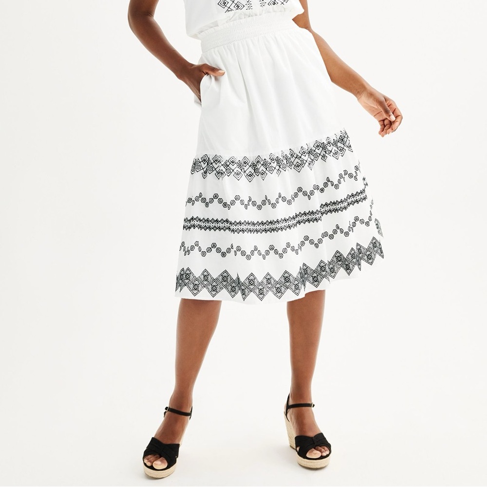 Draper James Geo Embroidered Midi Skirt White Black Bohemian Boho Geometric